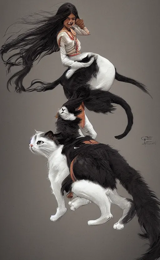 Image similar to an indian girl riding a large black and white cat, highly detailed, digital painting, artstation, concept art, sharp focus, illustration, art by greg rutkowski and alphonse mucha