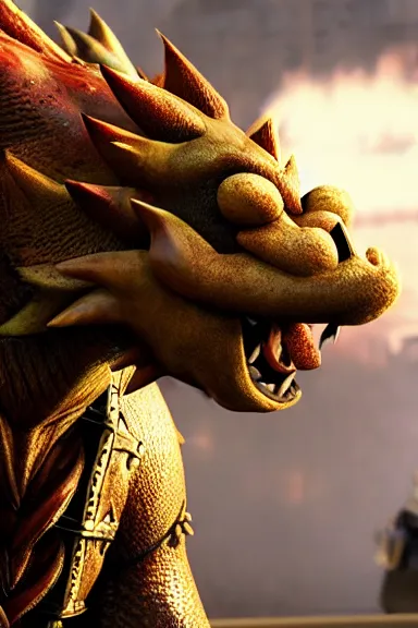 Image similar to very very intricate photorealistic photo of bowser in an episode of game of thrones, photo is in focus with detailed atmospheric lighting, award - winning details