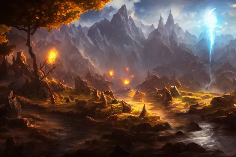 Image similar to a beautiful landscape, d & d, league of legends, concept art, dramatic lighting. realistic, epic legends, global illumination