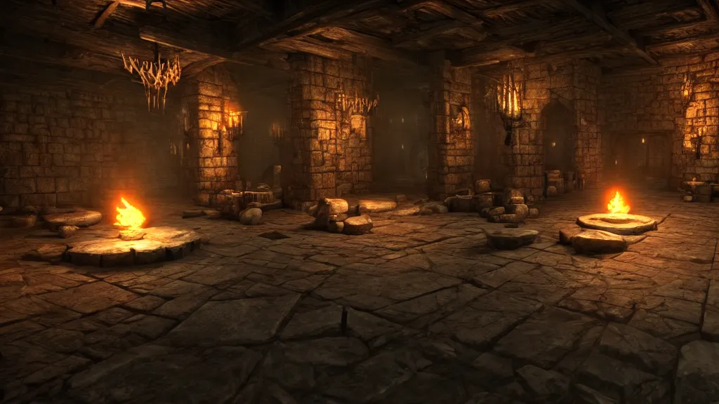 Image similar to delicious torch lit prison dungeon jail cell alchemist light magic barbarian skulls scattered around atmospheric unreal engine hyperreallistic render 8k character concept art masterpiece screenshot from the video game the Elder Scrolls V: Skyrim moody orange 2700K global illumination