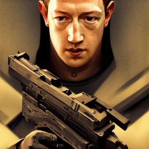 Image similar to imposing, ominous portrait of cyborg Mark Zuckerberg as a grand theft auto 5 loading screen, symmetry, front view, intricate, studio, art by anthony macbain + greg rutkowski + alphonse mucha, concept art, 4k, sharp focus