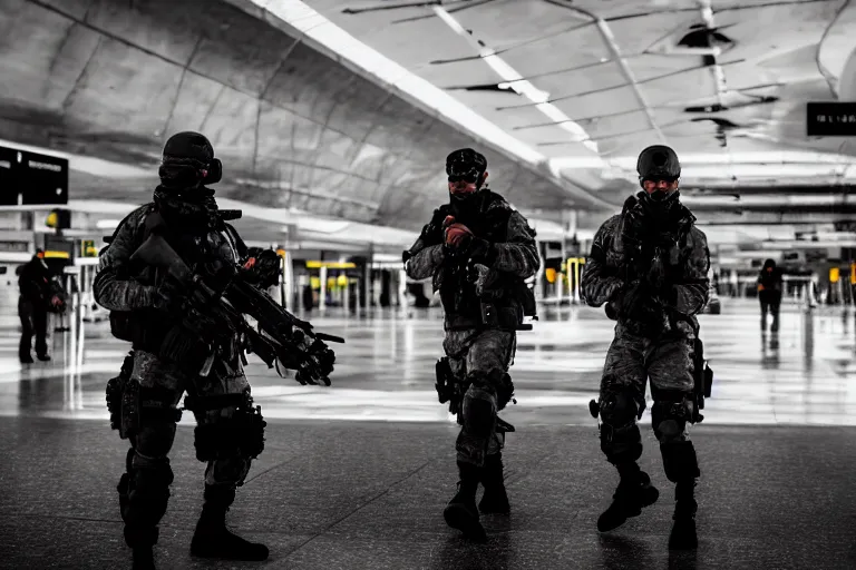 Image similar to Mercenary Special Forces soldiers in grey uniforms with black armored vest and black helmets fighting inside an airport in 2022, Canon EOS R3, f/1.4, ISO 200, 1/160s, 8K, RAW, unedited, symmetrical balance, in-frame, combat photography