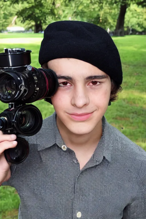 Prompt: slim teenage boy, there is black wool beret hat on his head and dark curly hair sticking out from under it, he wears a dark green buttoned up shirt and black trousers, he has a brown satchel over his shoulder , standing outside in a park, he is holding a film camera and taking photographs