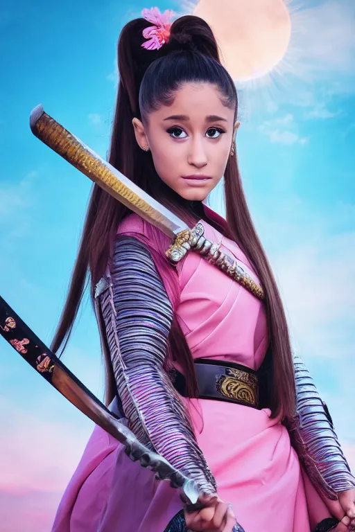 Image similar to highly detailed beautiful photo of a ariana grande as a young female samurai, practising sword stances, symmetrical face, beautiful eyes, pink hair, realistic anime art style, 8 k, award winning photo, pastels colours, action photography, 1 / 1 2 5 shutter speed, sunrise lighting