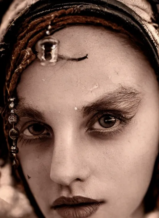 Image similar to 1 9 0 0 s, close up portrait of black eye beauty girl, depth of field, zeiss lens, detailed, symmetrical, centered, fashion photo shoot, by annie leibovitz and steve mccurry, david lazar, jimmy nelsson, breathtaking, 8 k resolution, extremely detailed, beautiful shot, artistic, hyperrealistic, beautiful face, octane render