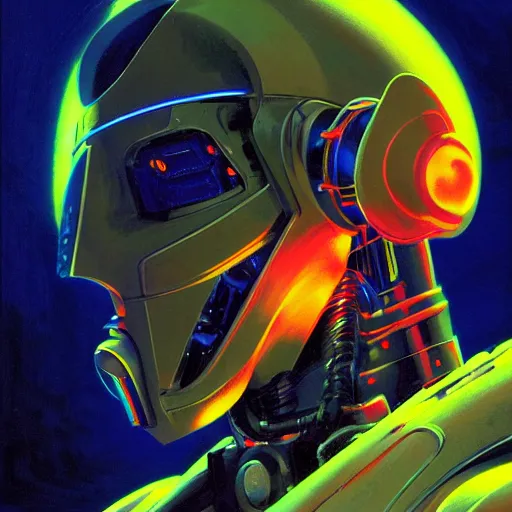 Image similar to a dark and colorful close - up side profile portrait of a sci - fi mecha robot with led lights glowing fog in the background. highly detailed science fiction painting by norman rockwell, frank frazetta, and syd mead. rich colors, high contrast, gloomy atmosphere, dark background. trending on artstation