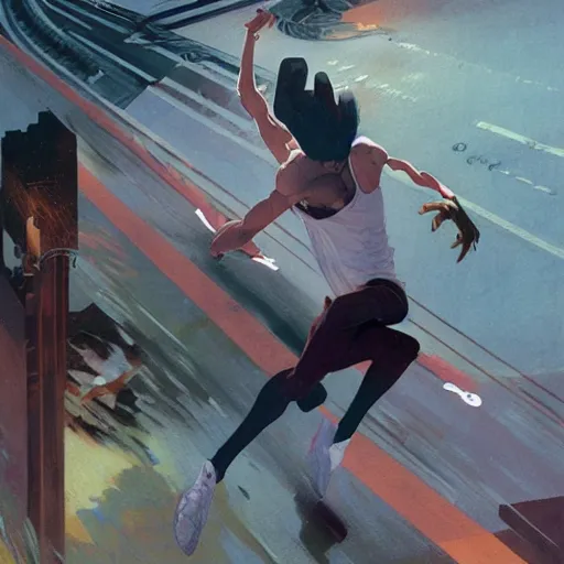 Prompt: cinematic painting of qwop!!!!!!!!!!!!!!!!! running down the track, art by krenz cushart and artem demura and alphonse mucha, kinetic, motion, athletic, running