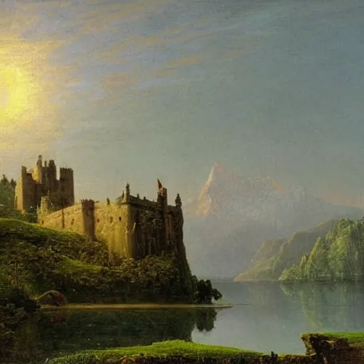 Image similar to an exceptional oil landscape painting of a medieval castle on a beautiful landscape with lake, forest, jagged mountains in the distance, the moon is ultra high resolution in the sky, high resolution albert bierstadt