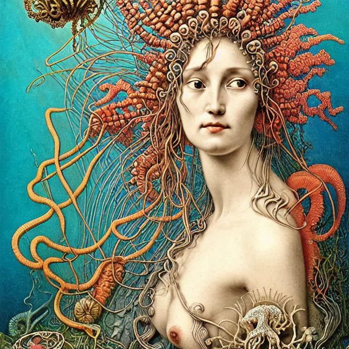 Prompt: realistic detailed face portrait of the goddess of the deep waters with an intricate headdress of corals, sea kelp, sea plants, fish, jellyfish, art by ernst haeckel, simon bisley, james jean, face in focus, art nouveau, neo - gothic, gothic, neoclassical,