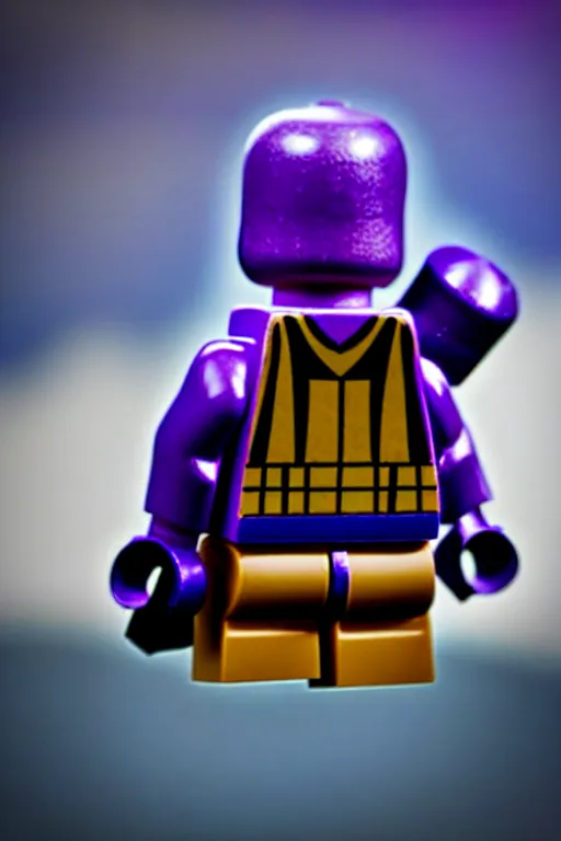 Prompt: closeup studio photograph of a thanos lego mini figurine, depth of field, 5 0 mm, 8 k, soft vignette