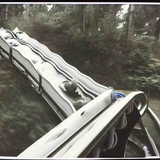 Image similar to 1 9 9 0 s vintage polaroid photograph of a log flume going down a slide making a big splash, during the day, crowd of people getting splashed with water, weathered image artifacts