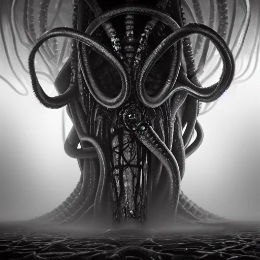 Prompt: Vicariously I, live while the whole world dies, ultra realist soft painting of the world of Lovecraft Elden Ring and Giger, gigantic oily tentacles and eyes, very intricate details, ultra dense fog, golden ratio, volumetric black and white lighting, reflections, refractions, symmetry accurate anatomy features, octane render