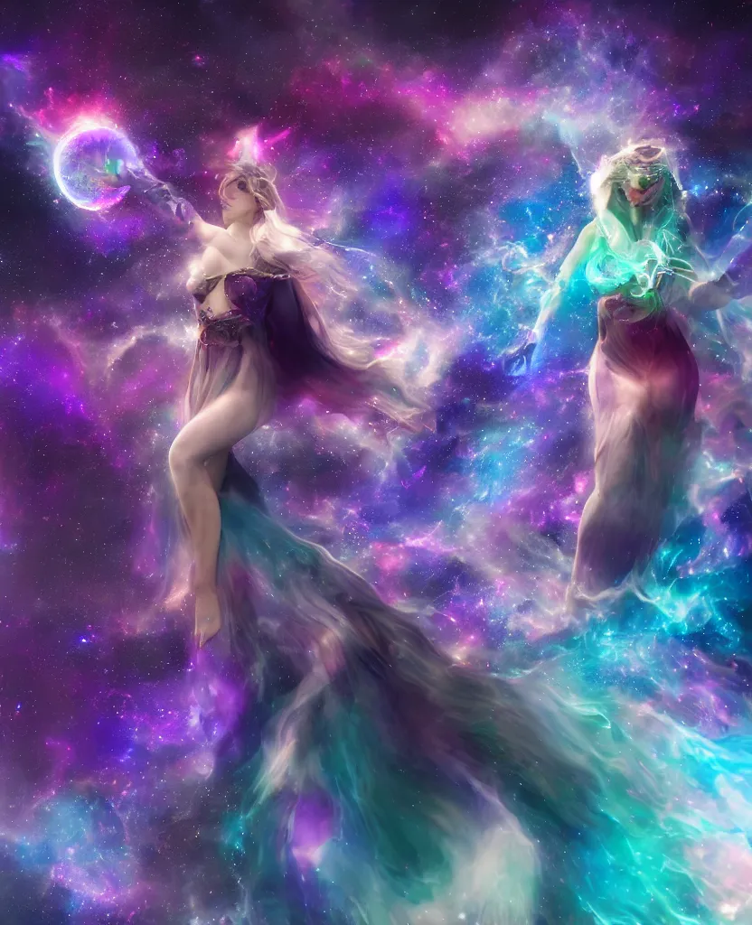 Prompt: a Celestial goddess of time and space floating in the cosmos striking beauty oracle gemstones trending on artstation purple amathist color scheme + gemstone crystals + realistic + photorealistic + octane render + 3d render