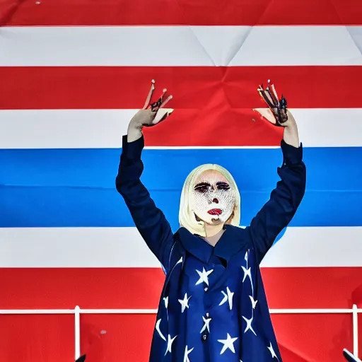 Image similar to Lady Gaga as president, Argentina presidential rally, Argentine flags behind, bokeh, giving a speech, detailed face, Argentina