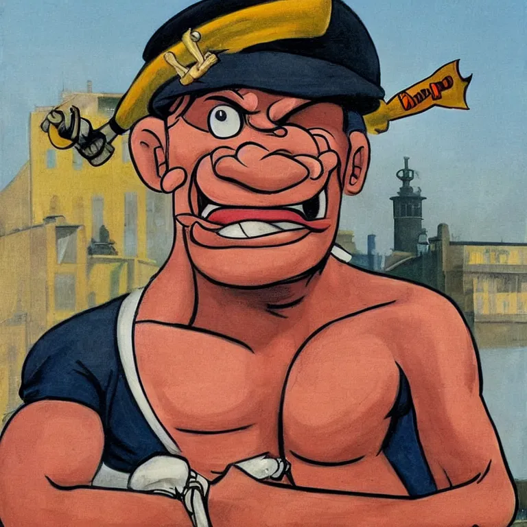 Prompt: Street-art portrait of Popeye the Sailor with the squinting (or entirely missing) right eye, huge forearms with two anchor tattoos, skinny upper arms, and corncob pipe. in style of Edward Hopper, comic character, photorealism