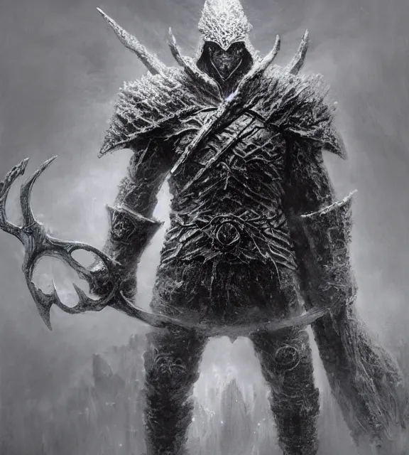 Image similar to frost warlord with frost crown concept, beksinski, age of sigma art, frank franzetta, ruan jia, dark soul armor concept, trending on artstation, wayne barlowe, adrian smith fantasy art, elden ring art, the hobbit art, lord of the ring art, infinity blade armor