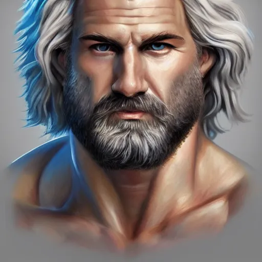 Image similar to painted portrait of rugged zeus, greek god, 4 0 years old, handsome, white hair, soft hair, upper body, muscular, hairy torso, fantasy, intricate, elegant, highly detailed, digital painting, artstation, concept art, smooth, sharp focus, illustration, art by artgerm