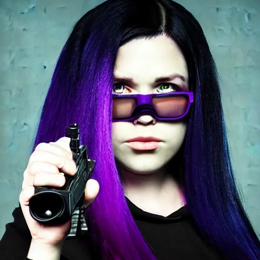 Image similar to poster artwork, sci fi, a female, full body, black hoodie techie, black hair with purple streaks, holding a gun, 8 k