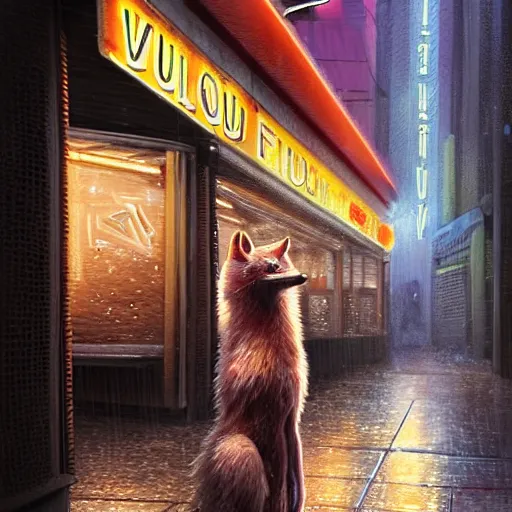 Image similar to white furred anthropomorphic female vulpes vulpes fulva, eating noodles, in the rain by a noodle kiosk, in crowded and wet street of a city, cyberpunk, harsh neon lights, highly detailed, digital painting, trending on artstation, concept art, sharp focus, illustration, art by artgerm and greg rutkowski and magali villeneuve