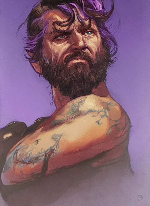 Image similar to portrait of grizzled sailor on sea of purple flame, coherent! by brom, deep color, strong line, high contrast