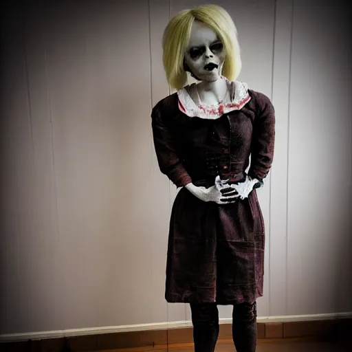 Image similar to evil creepy female killer doll standing in the room