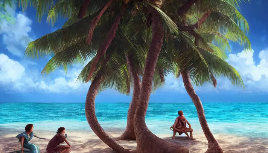 Image similar to very very small lakshadweep island, sitting on a gigantic coconut tree leaf by ilya kuvshinov, rtx rendering, octane render 1 2 8 k, maya, extreme high intricate details by tom bagshaw, medium shot, close up shot, composition by sana takeda, lighting by greg rutkowski