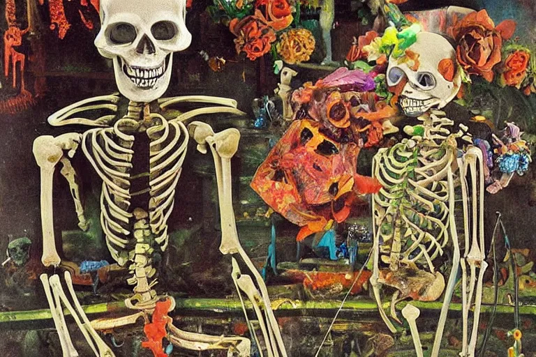 Prompt: scene from fishing, day of the dead, cyber skeleton, neon painting by otto dix
