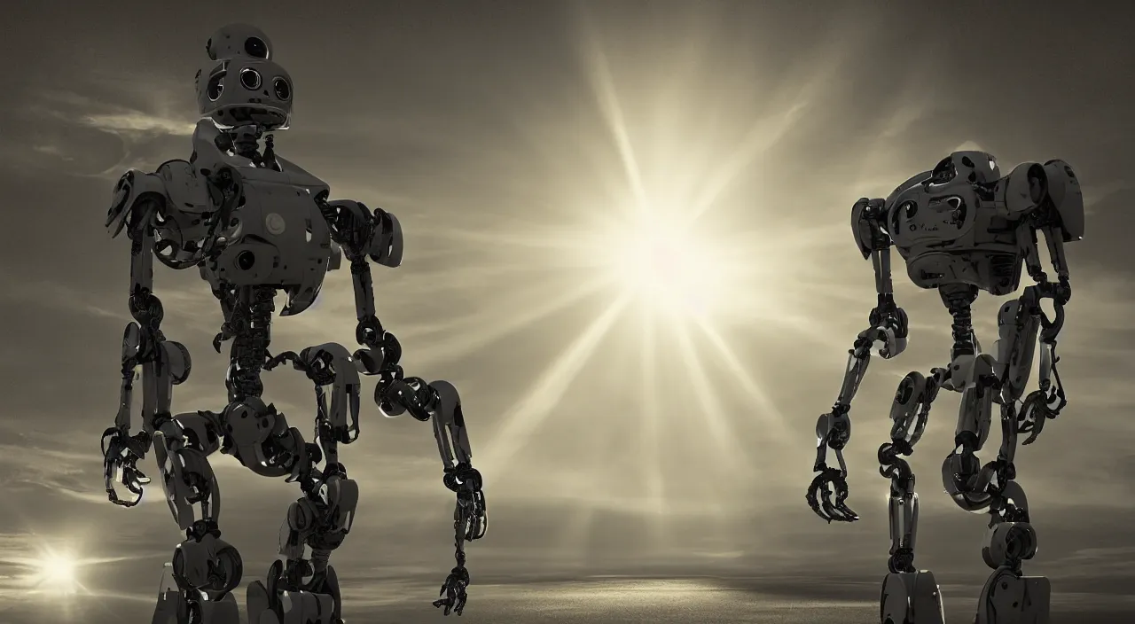 Image similar to a robot in a movie, cinematic shot, sun beams