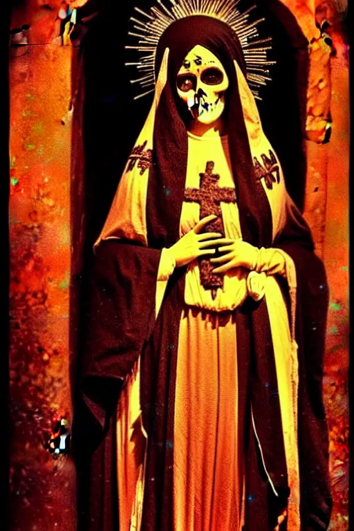 Image similar to phot taken in the 1 9 2 0's, virgin mary in dia de muertos dress and make up, horrific beautiful vibe, evocative, atmospheric lighting, painted, intricate, highly detailed,