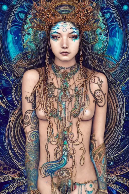 Image similar to a centered full body render of an alluring festival hippy with tribal tattoos wearing intricate metallic clothing surrounded by a underwater ink pour and flowing liquid gallium and sacred geometry, perfect body and face, gorgeous, cinematic, beautifully lit, by miho hirano, by karol bak, by donato giancola, 3 d, trending on artstation, octane render, 8 k