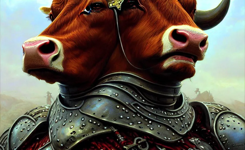 Image similar to cow warrior as a realistic fantasy knight, closeup portrait art by donato giancola and greg rutkowski, realistic face, digital art, trending on artstation, symmetry!!