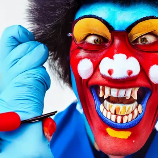 Prompt: a photo of a monkey dentist with clown paint, sidelit