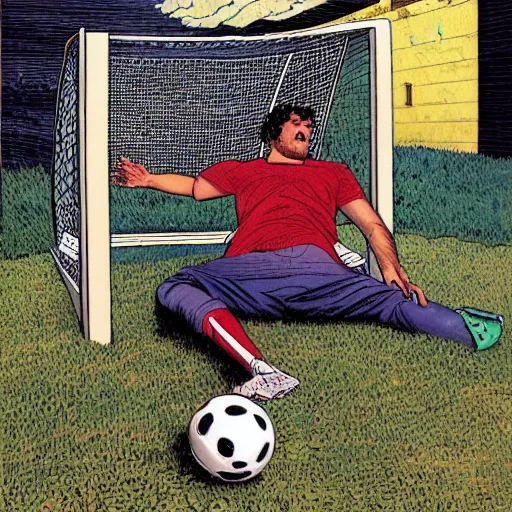 Image similar to a man laying on his back, a soccer goal behind him, a soccer in the net. Epic portrait by james gurney and mœbius.