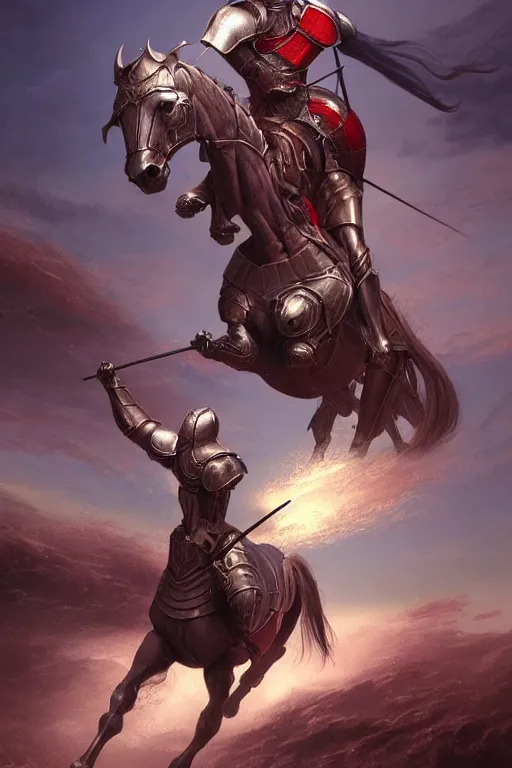 Prompt: a knight in armor on a thick strong horse by mike allred and moebius and karol bak sharp digital painting. dreaming latent space. matte painting, concept art. artstation. digital render. realistic, 8 k