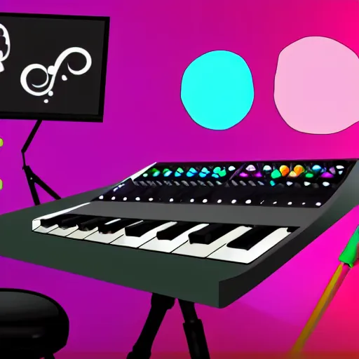 Prompt: trending on art station, cartoon music production bedroom, led music gear on desk, ableton push 2