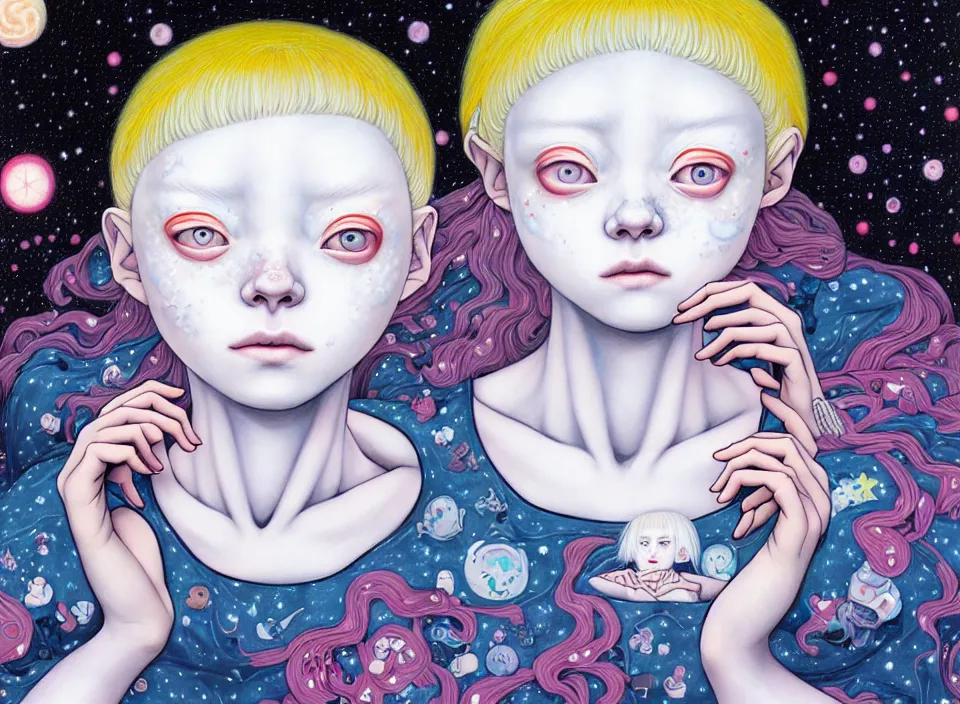 Image similar to portrait of the albino girl with starry eyes, hikari shimoda, james jean, cosmic, manga,anime