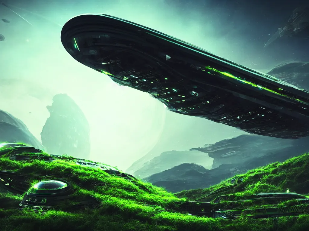 Prompt: enormous and immensely complex faster than light space ship flying over the surface of a lush green alien planet, science fiction industrial hard science concept art, 8K render octane high definition cgsociety