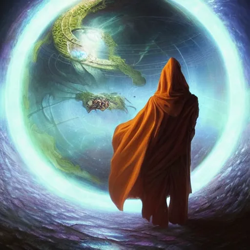 Image similar to the creator of worlds wearing a cloak and holding a holographic planet projection in his hand, detailed, sci - fi, digital painting, artstation, sharp focus, illustration, ominous, artgerm, tomasz alen kopera, peter mohrbacher, donato giancola, joseph christian leyendecker, wlop, frank frazetta