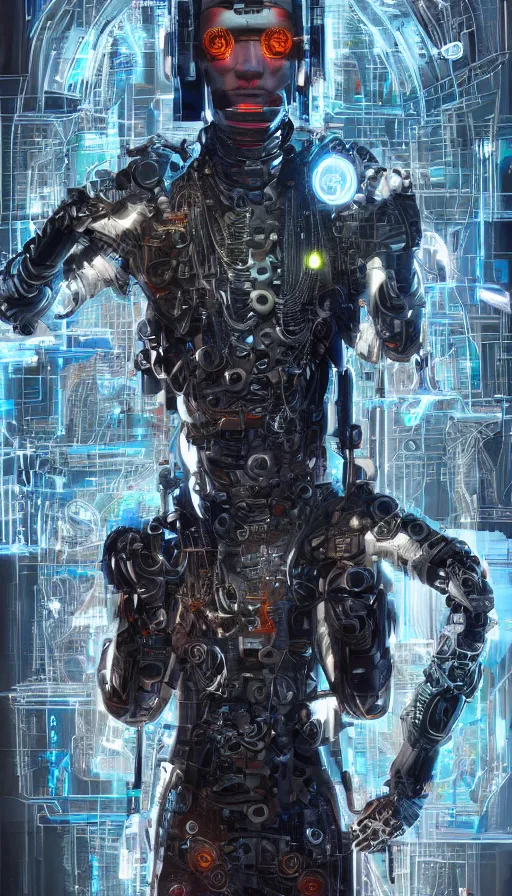 Image similar to full body head to toe portrait of a cyberpunk sci-fi cyborg netrunner bionic man, third person, D&D, sci-fi fantasy, matrix , intricate, black with shiny silver and orange fringe highlights, highly detailed, art by Range Murata, highly detailed, 3d, octane render, bright colors, digital painting, trending on artstation, sharp focus, illustration style of Stanley Artgerm, dramatic background