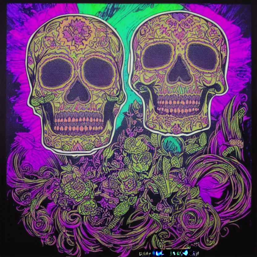 Prompt: Portrait of a beautiful sugarskull Dan Mumford and Josan Gonzalez and Laurie Greasley and Tim Doyle, blacklight, blacklight paint, ultraviolet