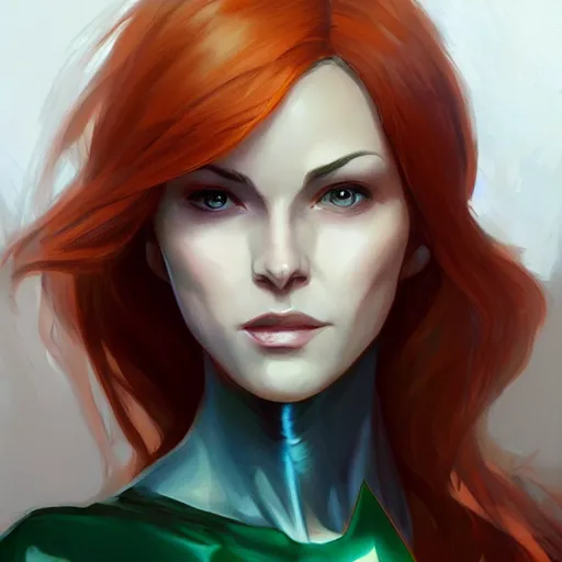 Prompt: jean grey, a half body of jean grey, green eyes, comic, x - men, highly detailed, artstation, digital painting, vivid colors, realistic shaded perfect face, soft lighting, atmospheric, cinematic, moody, in the style of krenz cushart, oil on canvas, 8 k