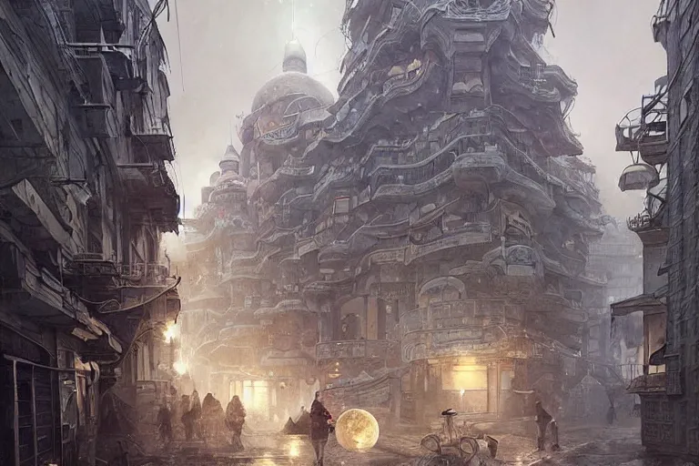 Image similar to It’s enchanting on the streets of Russian panel houses quarters on the Moon city, Norilsk, sci-fi, fantasy, intricate, very very beautiful, elegant, highly detailed composition, digital rendering, artstation, concept art, smooth, sharp focus, illustration, art by artgerm and greg rutkowski and alphonse mucha
