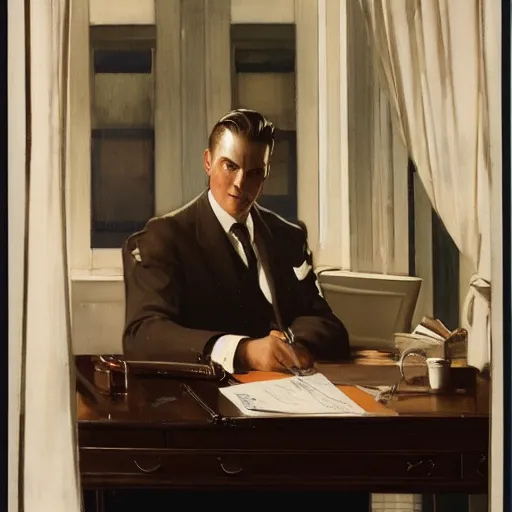 Prompt: man in desk with coffee and black suit by leyendecker and dean cornwell, 5 feet distance from the camera