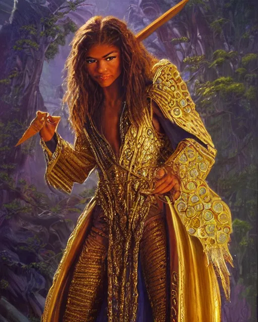 Prompt: detailed portrait of Zendaya as a powerful dungeons and dragons wizard, wearing gilded robe, intricate, hyper detailed, realistic, oil painting, by jeff easley, boris vallejo, cinematic lighting