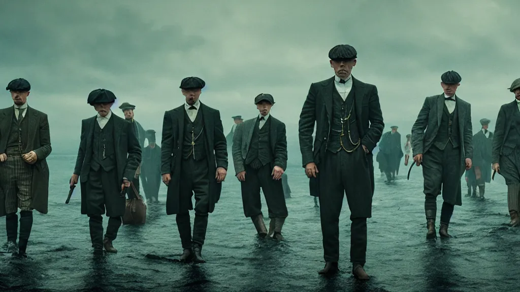 Image similar to the peaky blinders made of fish coming out of the ocean film still from the movie directed by denis villeneuve with art direction by zdzis