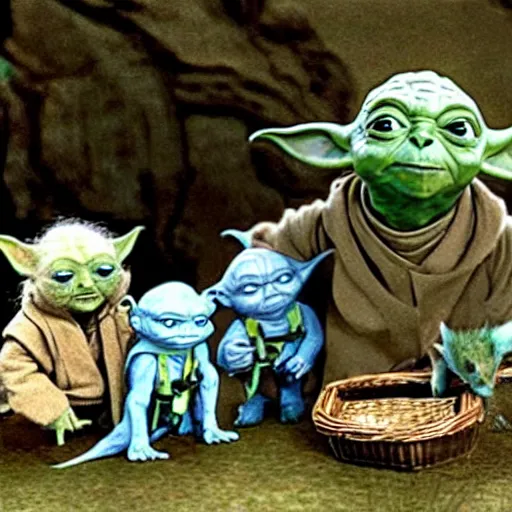 Prompt: Yoda surrounded by other members of his species