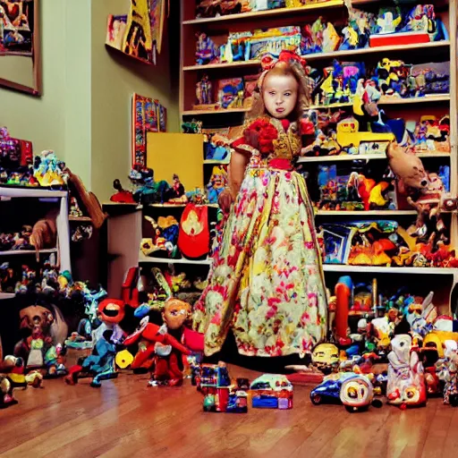 Prompt: young lady in baroque dresses, standing in the middle of the room full of toys. Keith Giffen