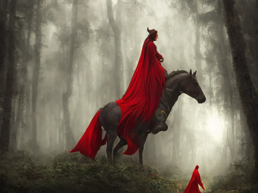 Prompt: this story has to be told in soulful pictures, forest, female rider on a horse wearing a long red cape , rays of life, cinematic, fantasy art, moody light, trending on artstation, by esao andrews, by naoto hatori, by tyler jacobson