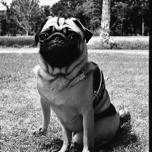 Image similar to pug with a big blonde wig playing delta blues, photograph