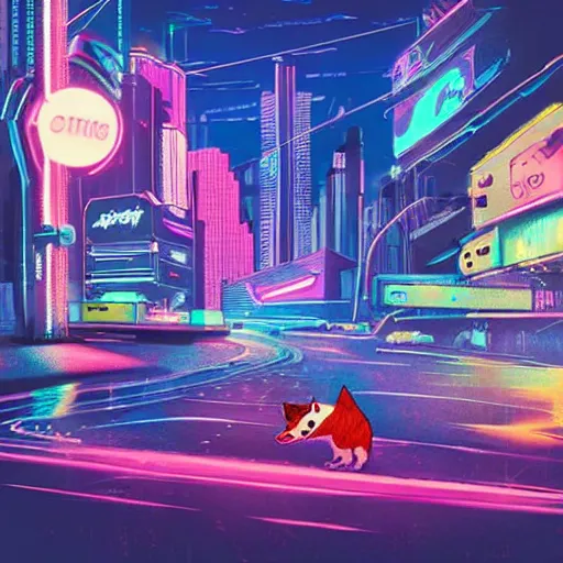 Image similar to a cyberpunk corgi in a futuristic city, flying cars, neon lights, synthwave, digital illustration